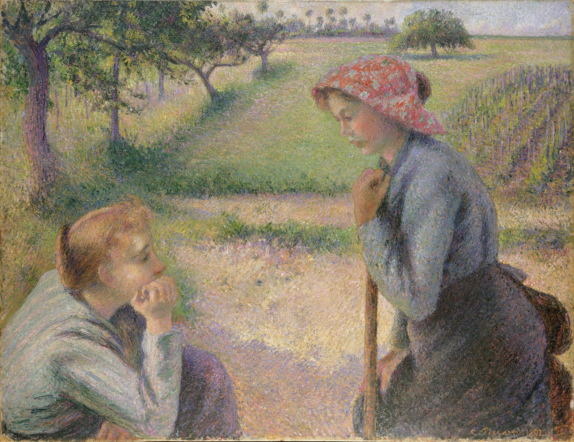 Impressionist painting of two women in a rural field, one seated and one standing