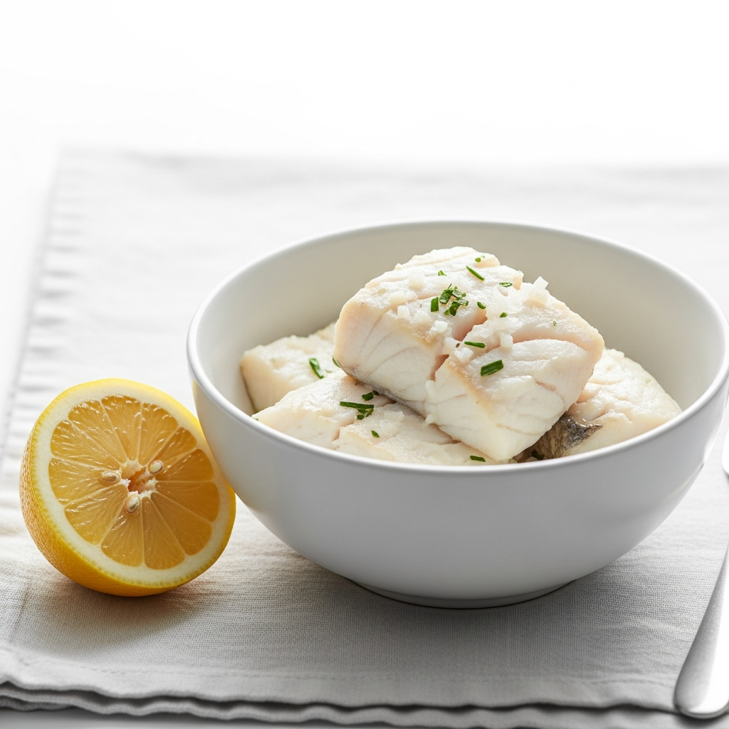 Light and airy close-up of a white ceramic bowl of steamed white fish with a wedge of lemon beside it on a pale linen cloth, bright natural daylight, white background, minimal styling