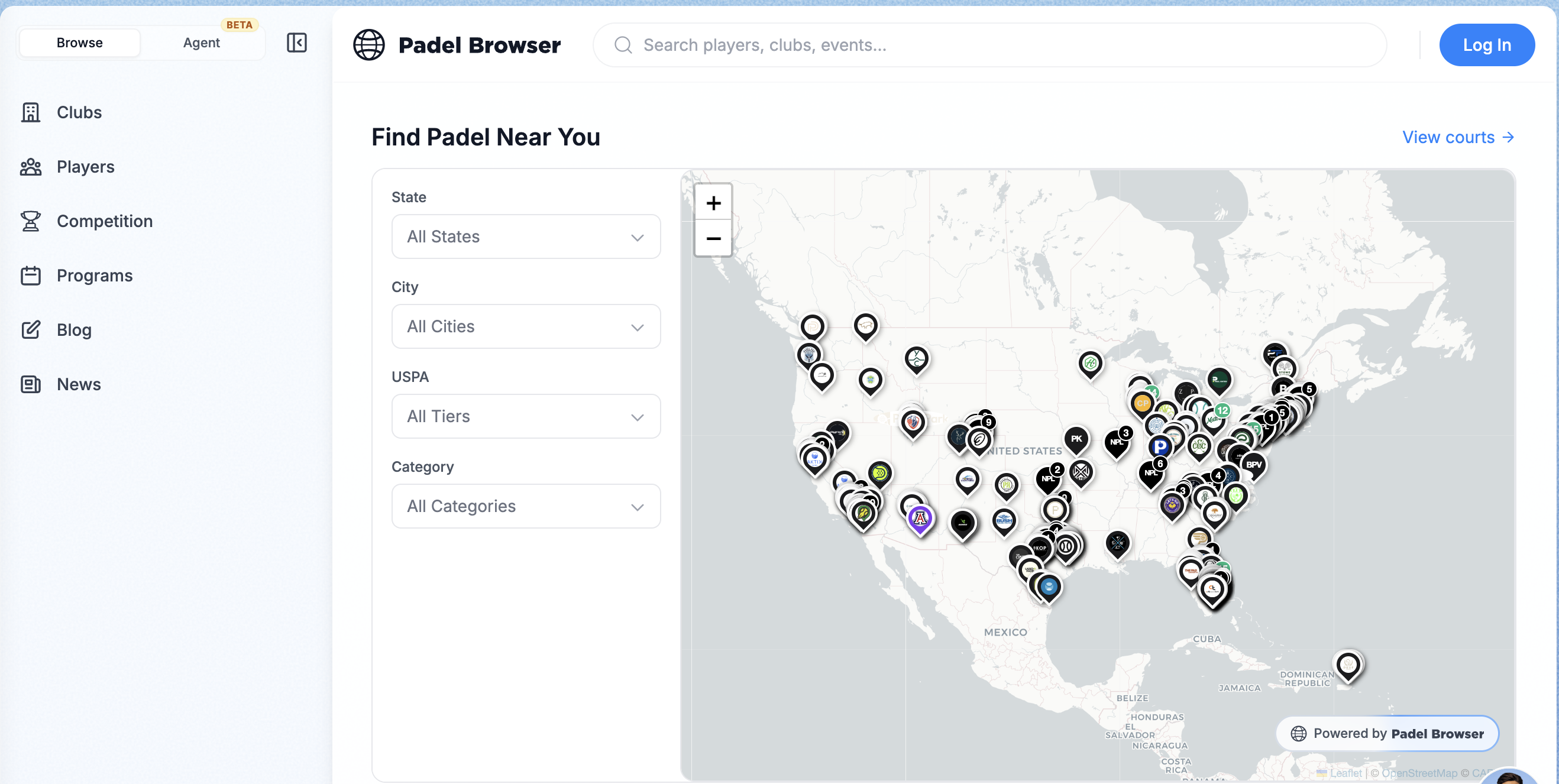 Padel Browser’s U.S. padel club map