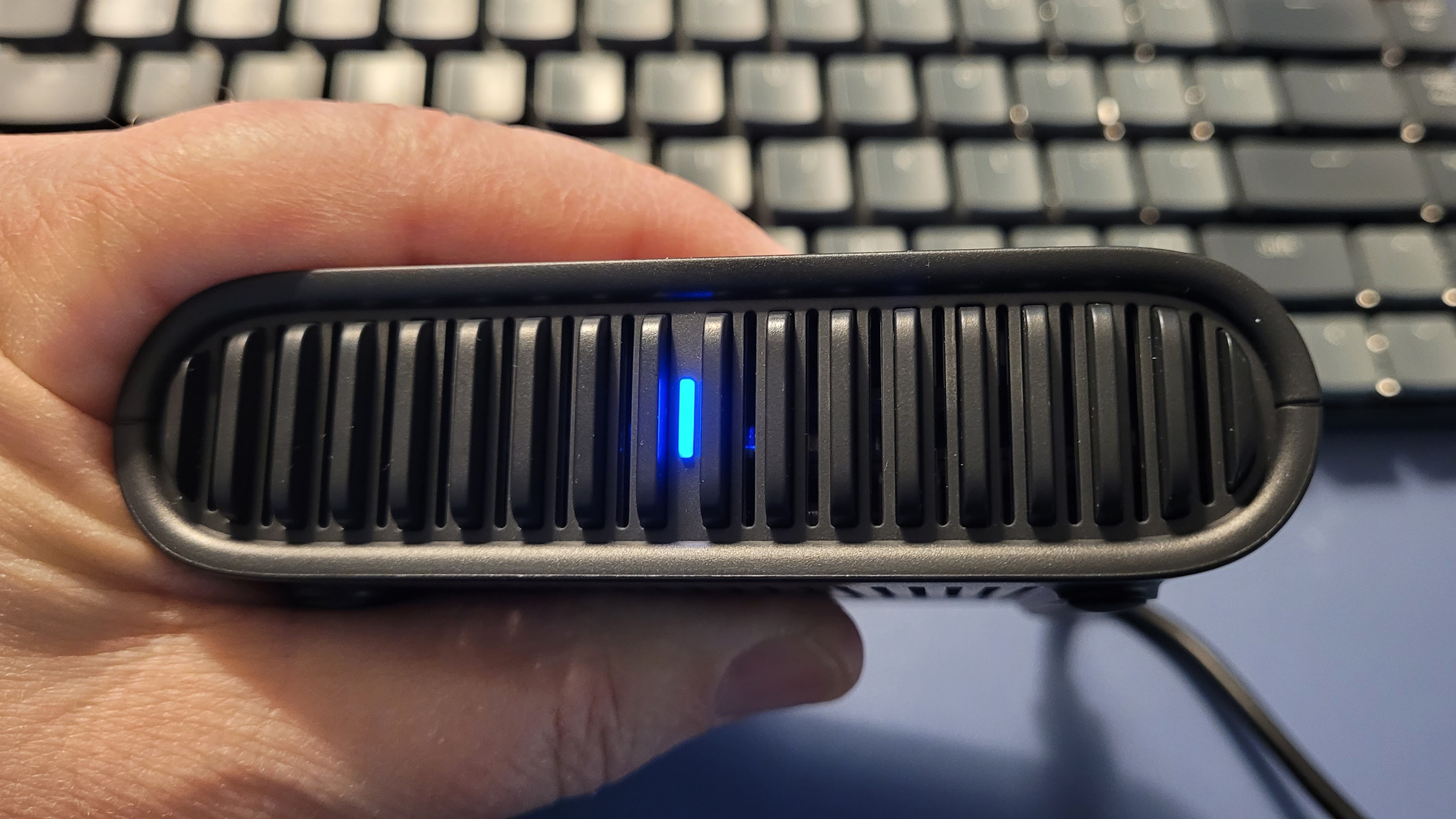 A constant blue light means the device is working