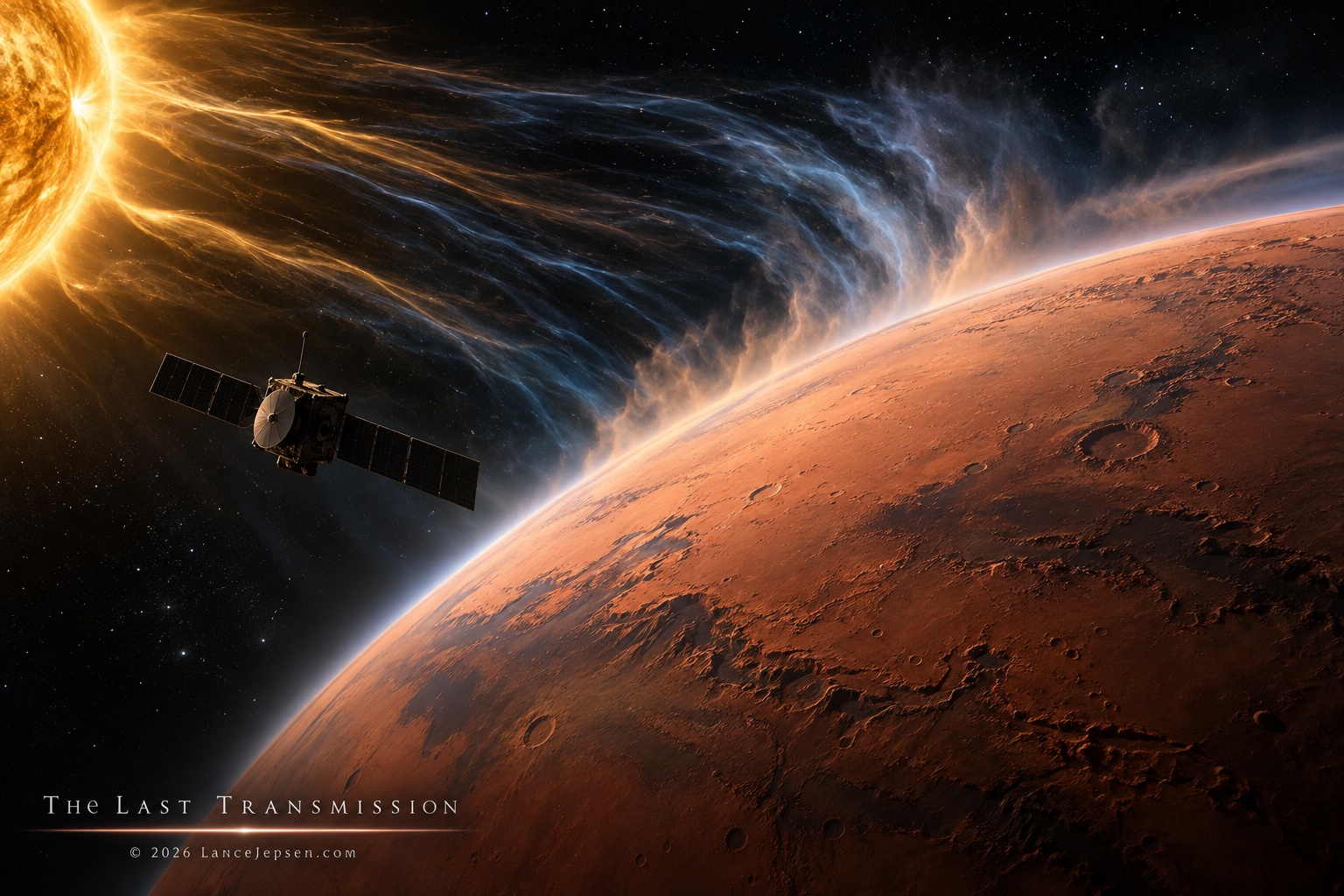 AI visualization of the MAVEN spacecraft above Mars