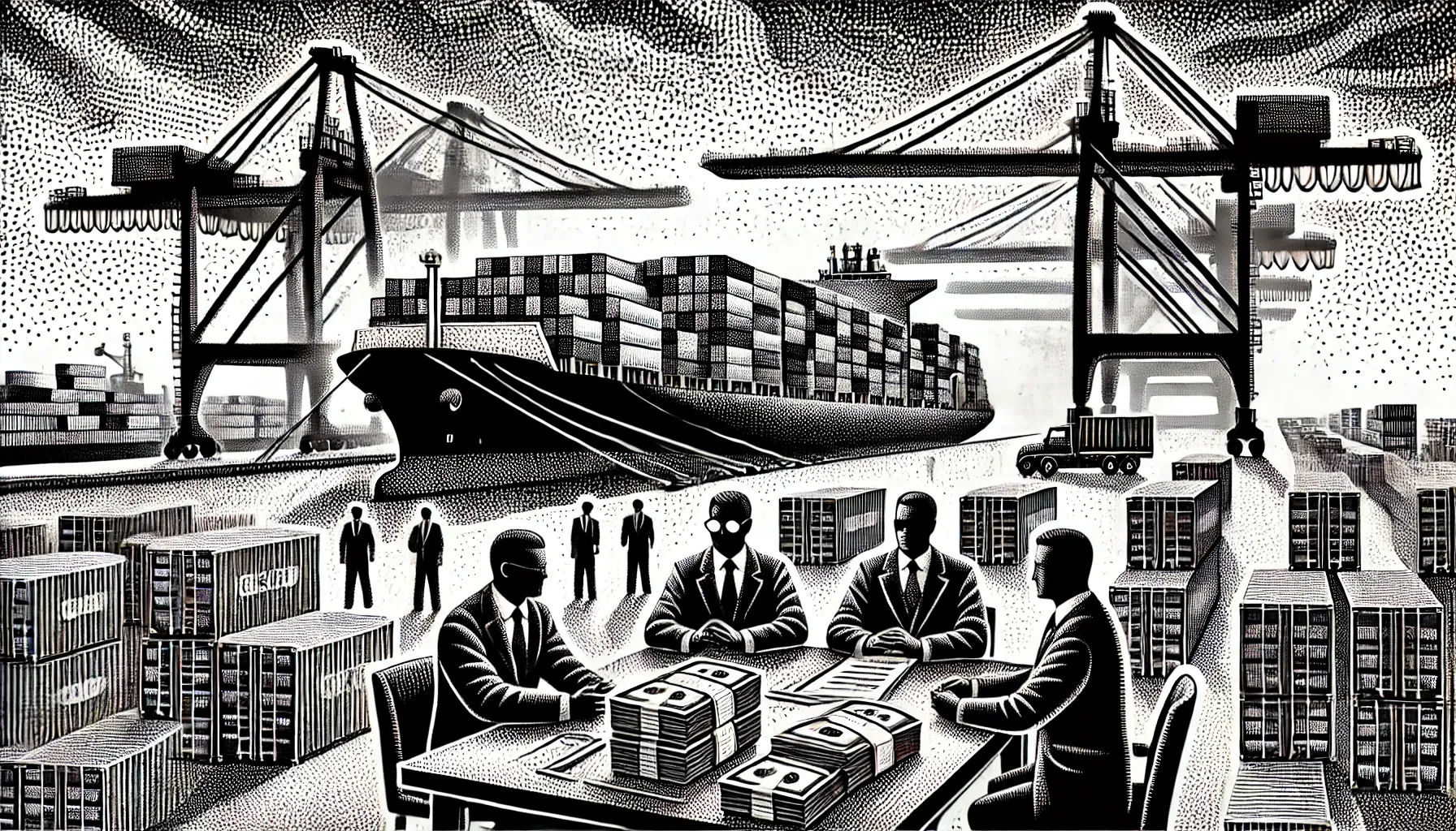 "A black and white pointillism-style illustration depicting international trade and tariffs. The image features a busy shipping port."