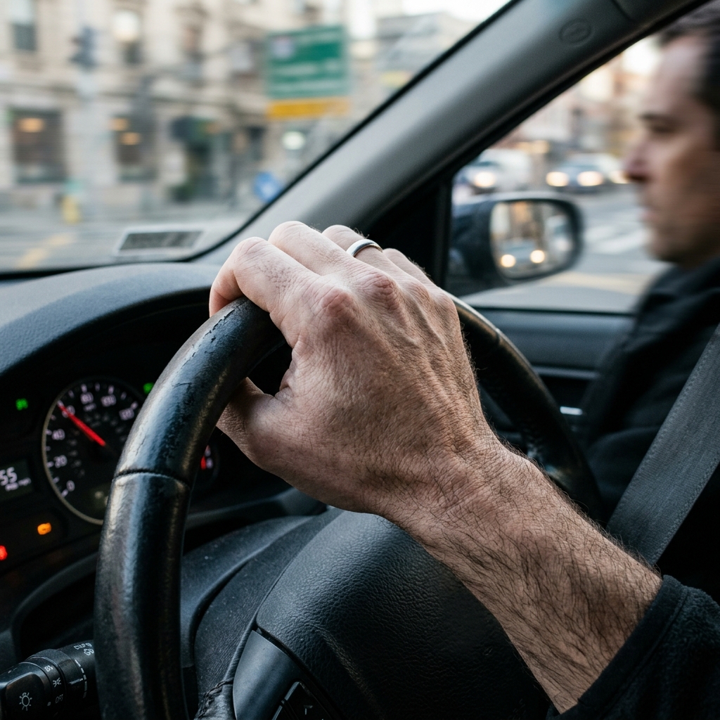Close up detail shot inside a car with a hand gripping the steering wheel