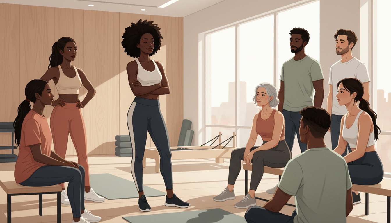 Fitness leader speaking with an experienced instructor in a warm boutique studio.