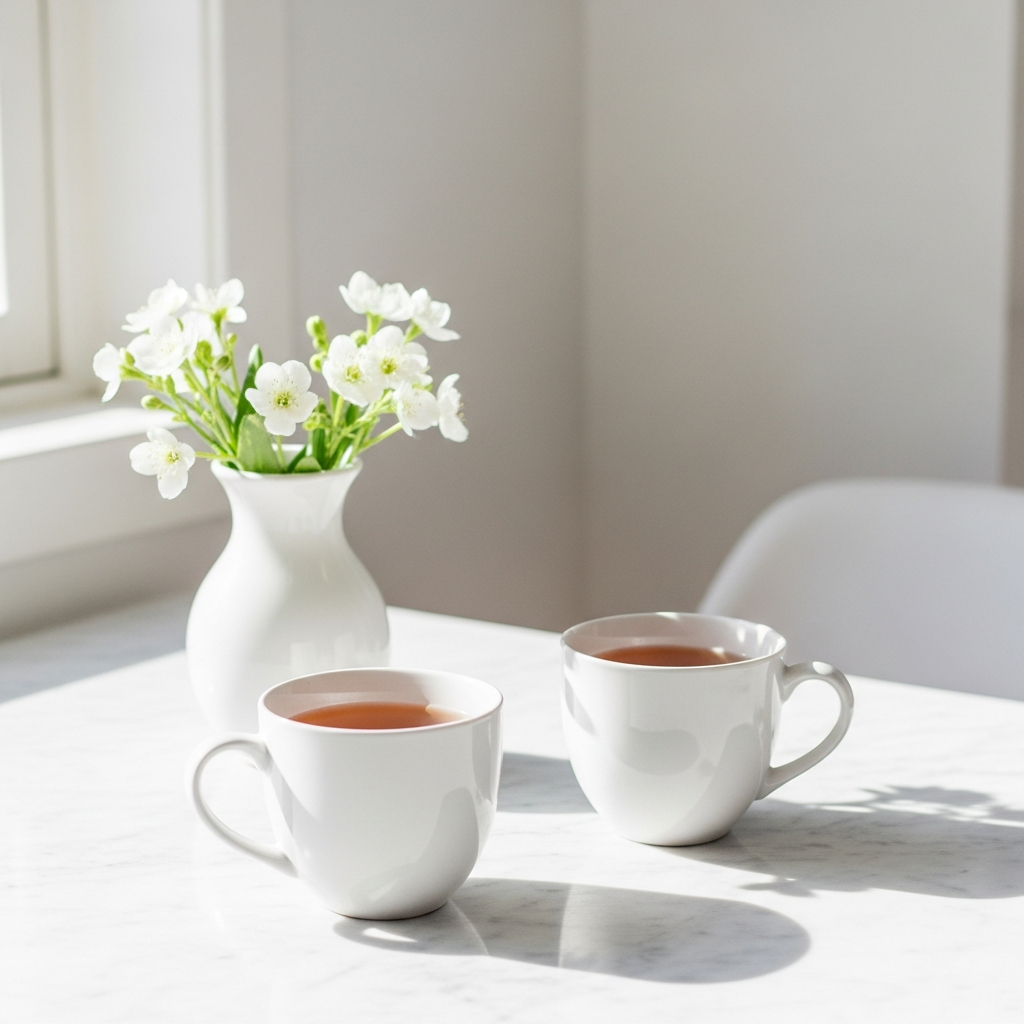 Bright photograph of two white ceramic mugs of tea on a sunlit kitchen table with a small vase of white flowers, light marble surface, airy white walls, soft natural daylight
