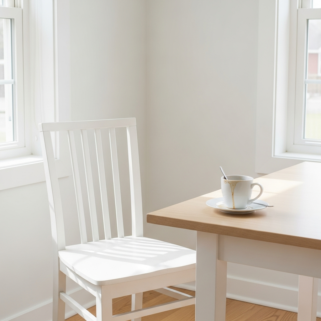 Bright photograph of a single empty chair at a sunlit white kitchen table, a half-drunk cup of tea beside it, light wood surface, white walls, natural daylight streaming through a window
