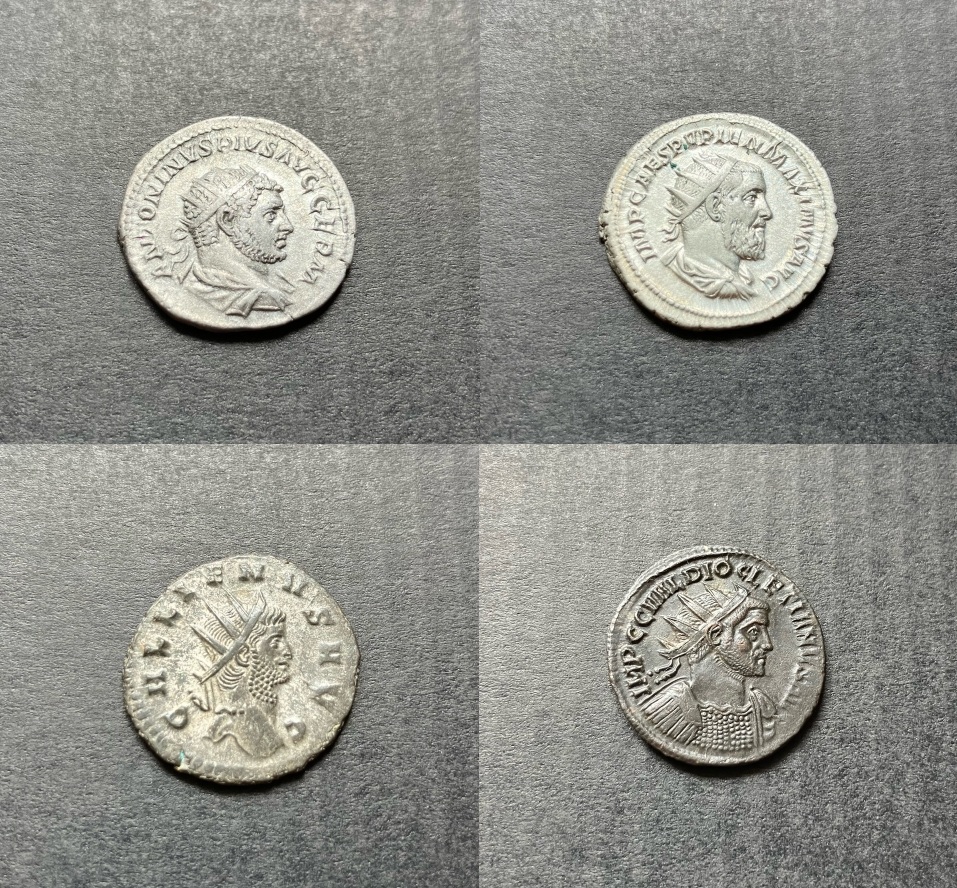 Four antoniniani of Caracalla, Pupienus, Gallienus and Diocletian showing the decline in silver