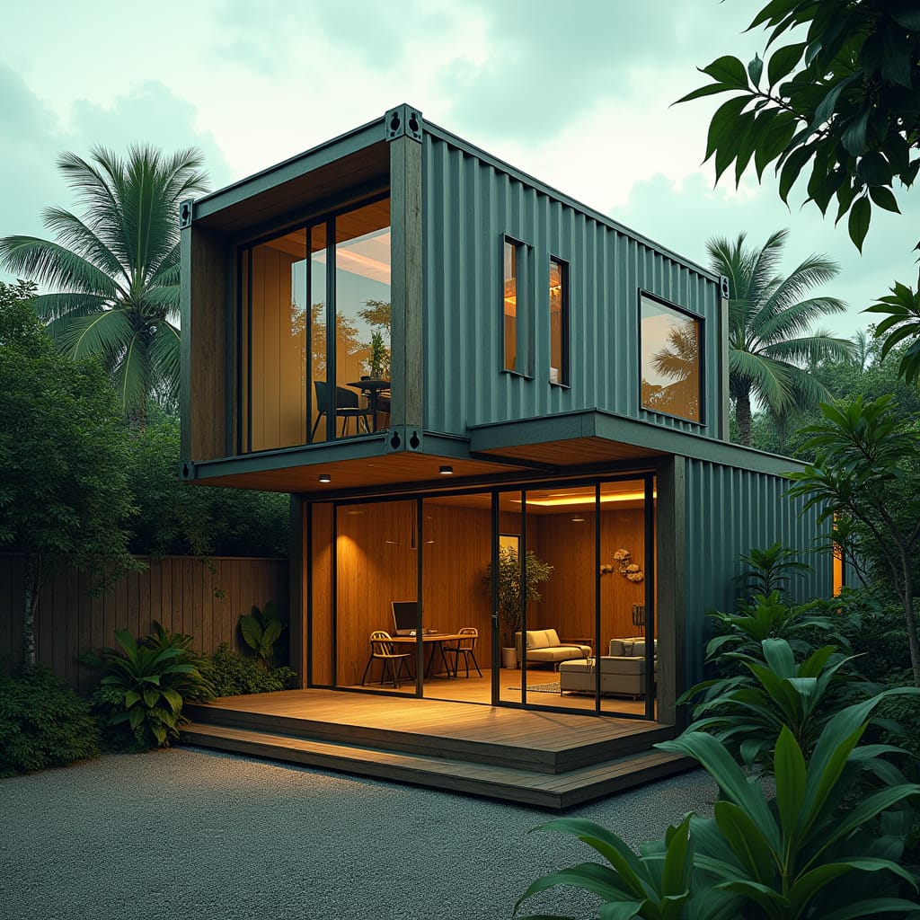 A modern container structure in Jamaica, cleverly designed as a half-shop, half-home. The lower half serves as a sleek, minimalist storefront with large glass doors, blending commercial functionality with contemporary design. The upper half is a cozy, eco-friendly living space made from repurposed shipping containers, featuring large windows for natural light, solar panels for energy efficiency, and rainwater harvesting tanks. The exterior combines raw steel with wooden accents, giving it an industrial yet stylish look. Surrounded by a few tropical plants, the structure fits seamlessly into the urban setting. Industrial chic, sustainable design, multifunctional living. A modern container structure in Jamaica, cleverly designed as a half-shop, half-home. The lower half serves as a sleek, minimalist storefront with large glass doors, blending commercial functionality with contemporary design. The upper half is a cozy, eco-friendly living space made from repurposed shipping containers, featuring large windows for natural light, solar panels for energy efficiency, and rainwater harvesting tanks. The exterior combines raw steel with wooden accents, giving it an industrial yet stylish look. Surrounded by a few tropical plants, the structure fits seamlessly into the urban setting. Industrial chic, sustainable design, multifunctional living.