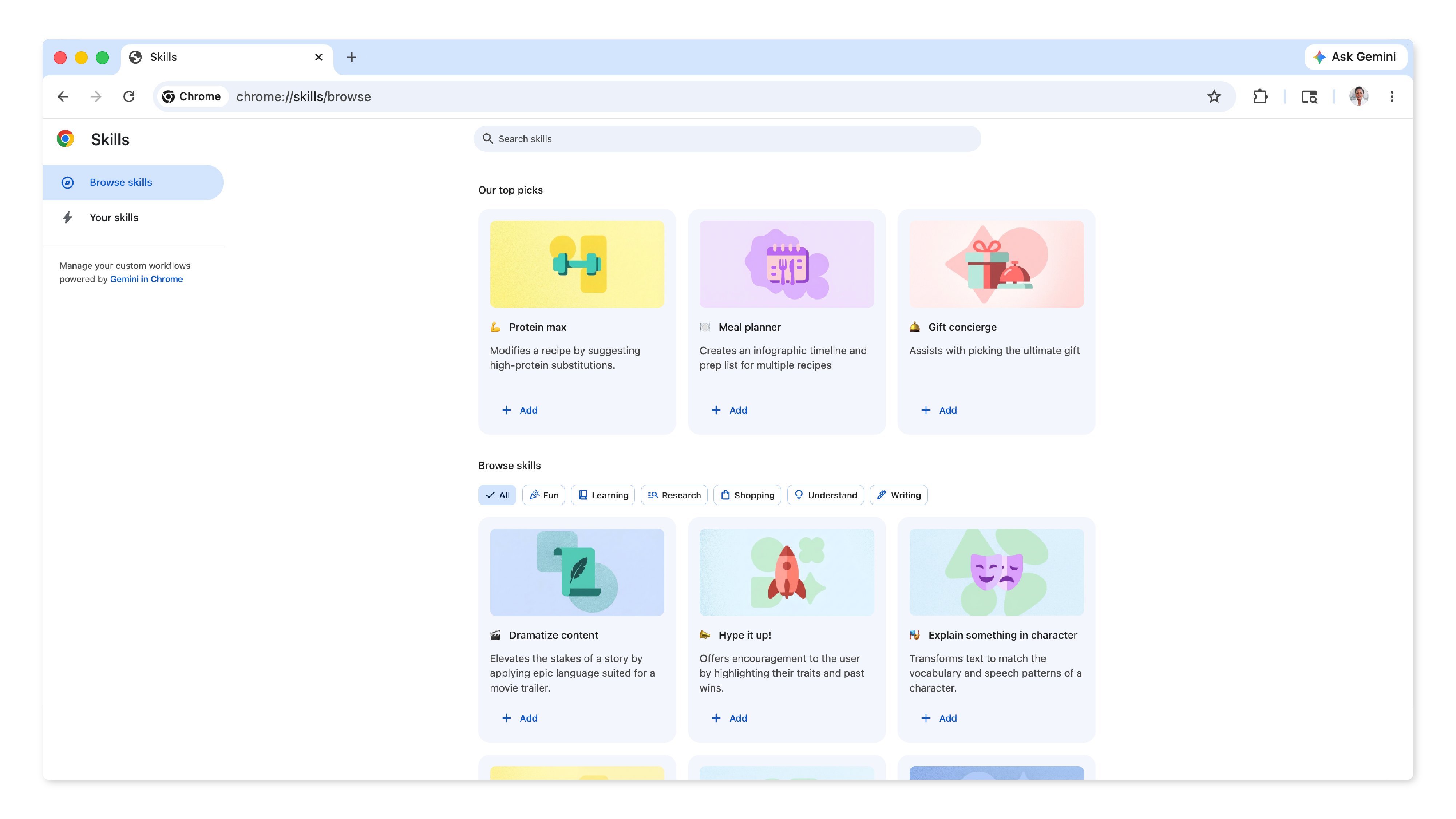 A screenshot of a Chrome browser showing a variety of ready-to-use Skills to select from.