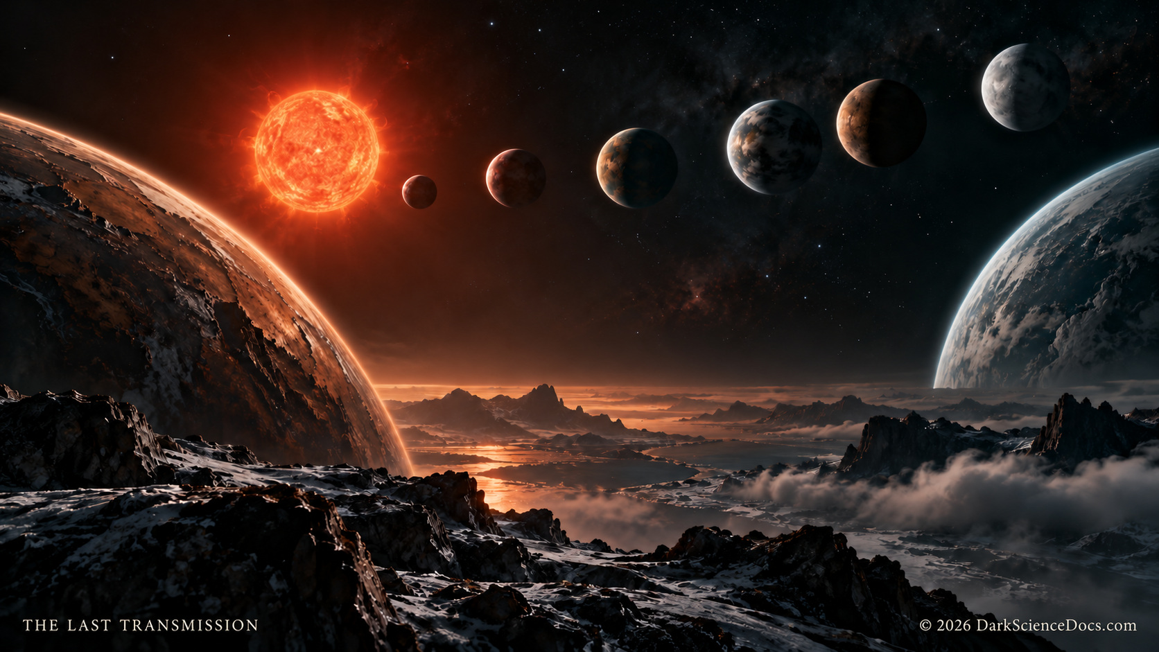 A conceptual portrait inspired by TRAPPIST-1's seven rocky planets.
