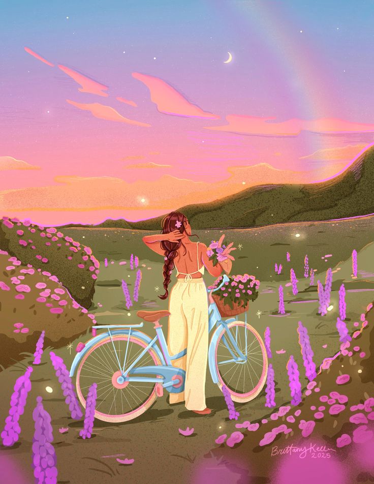 This may contain: a woman standing next to a bike in the middle of a field with flowers on it