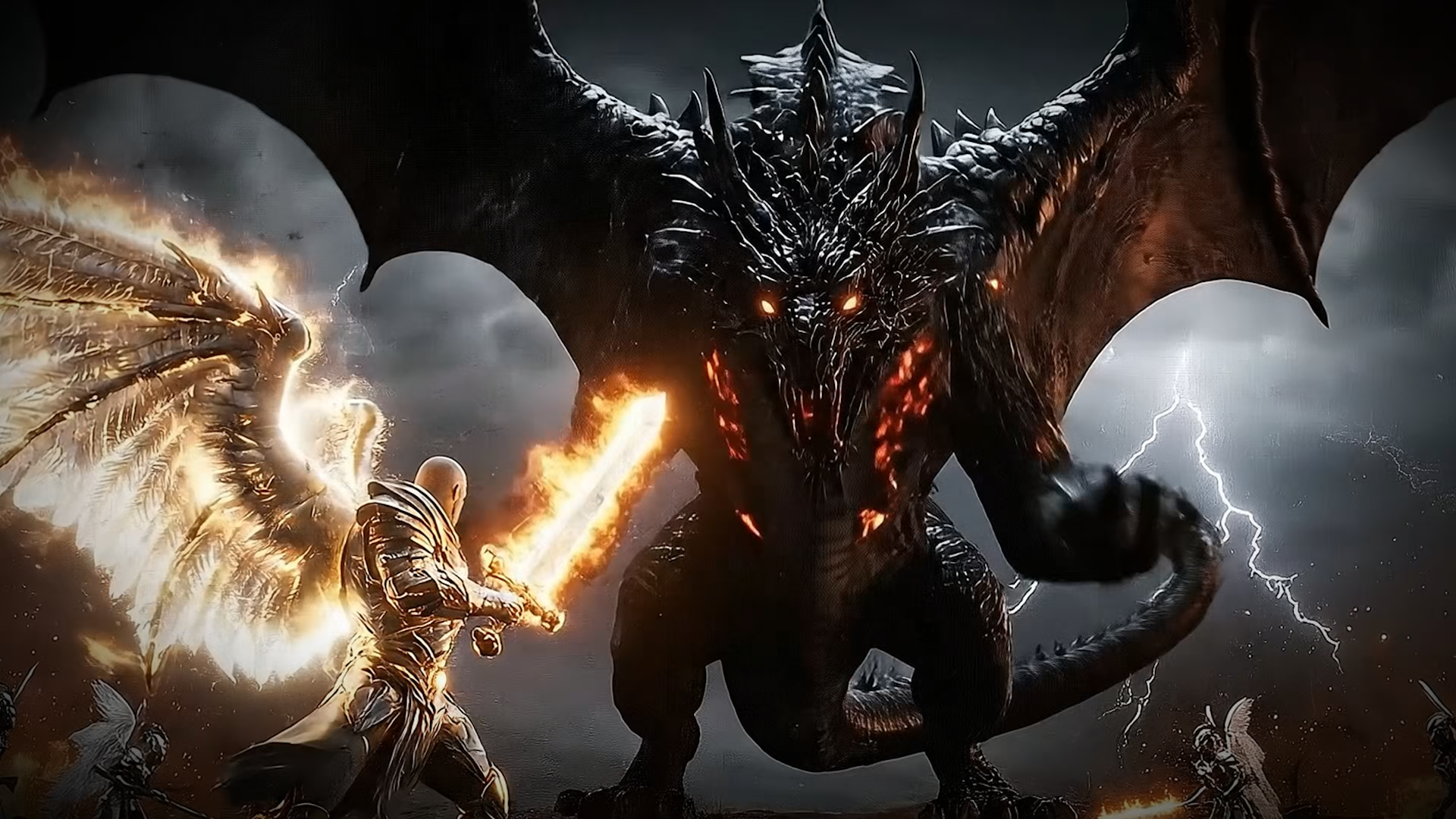 Dramatic depiction of a massive dark dragon with glowing eyes confronting a radiant warrior angel in heaven, as lightning flashes and the moment of expulsion draws near.