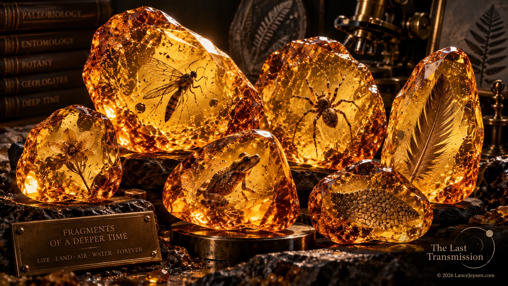 Editorial montage of varied organisms and details preserved inside amber