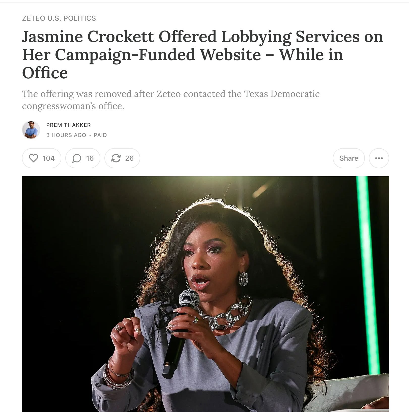 Jasmine Crockett Offered Lobbying Services on Her Campaign-Funded Website – While in Office