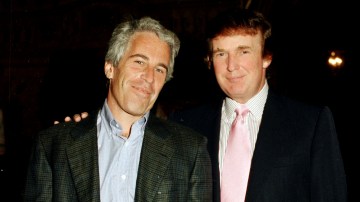 Jeffrey Epstein and Donald Trump pose at the Mar-a-Lago estate.