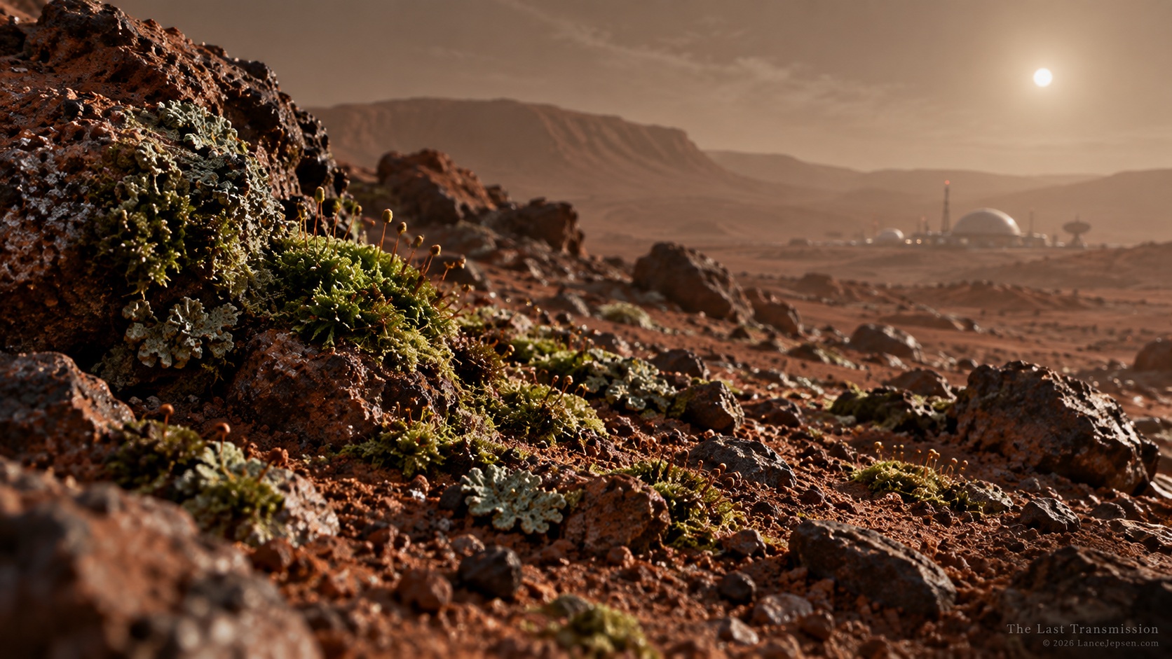 Speculative moss and other plants helping support a future off-world habitat