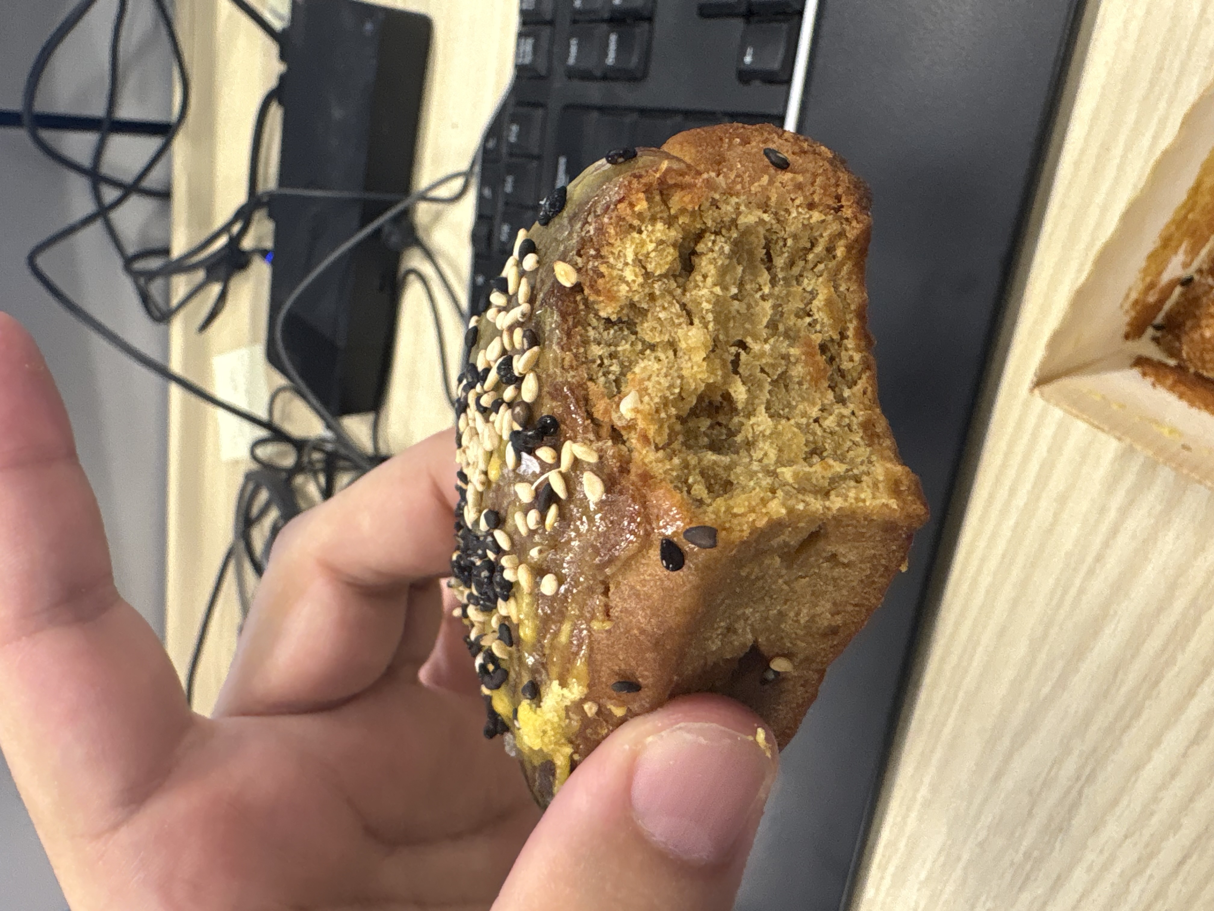 Lucuma and black sesame loaf cake (cameo: my fingers)