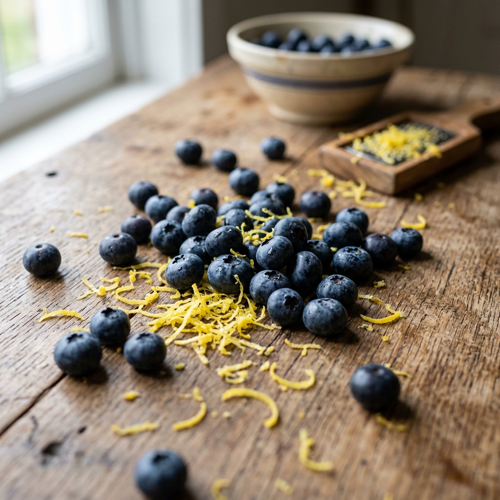 A close-up shot of fresh, plump blueberries and yellow lemon zest scattered on a kitchen table.