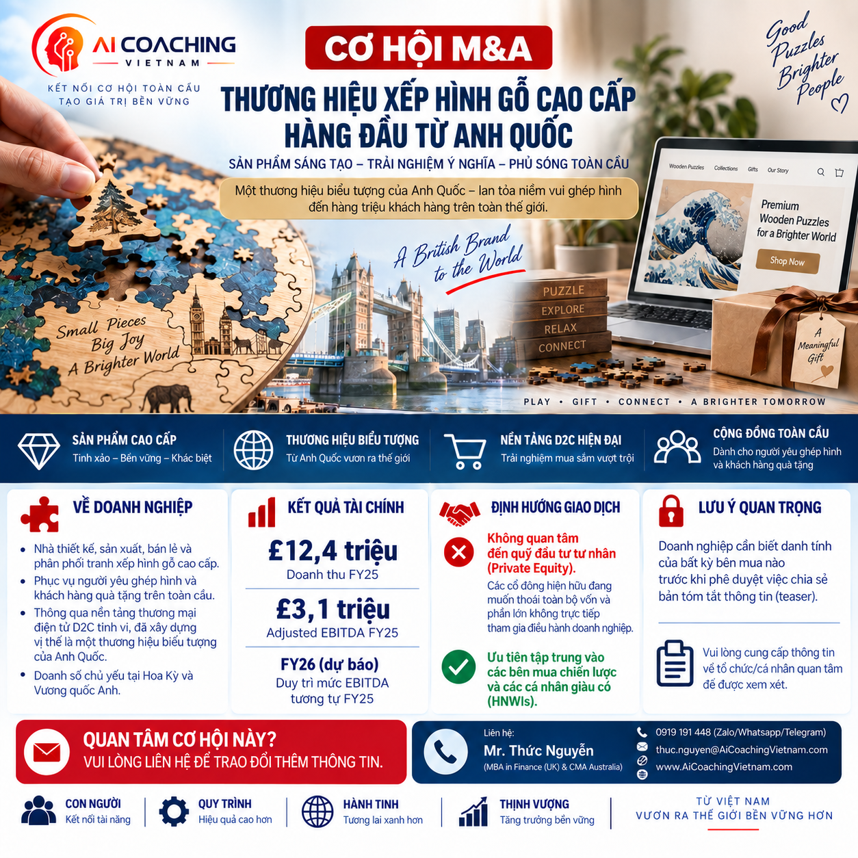 Thương hiệu xếp hình gỗ cao cấp Anh Quốc tìm bên mua 100% cổ phần