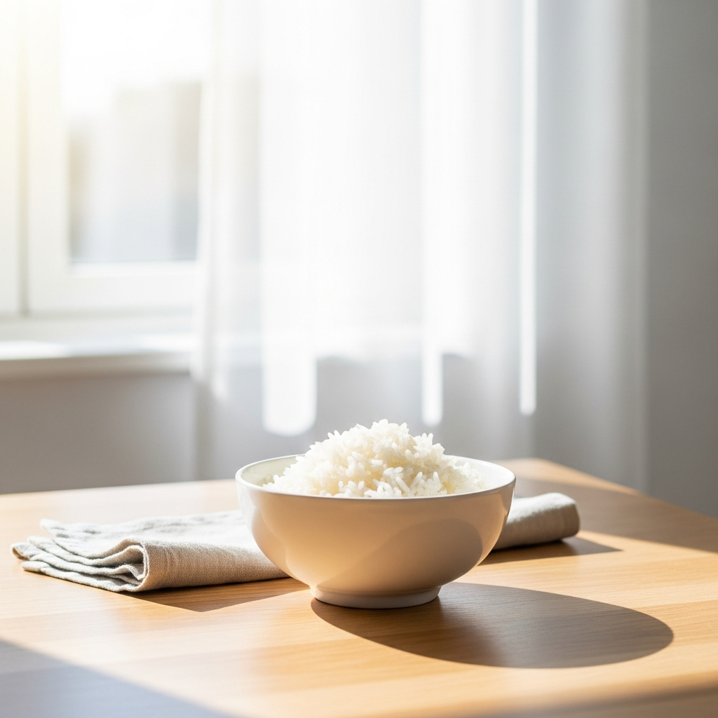 Bright photograph of a simple white ceramic bowl of plain cooked rice on a light wood kitchen table, sunlit from a window, soft linen napkin beside it, nothing else in frame