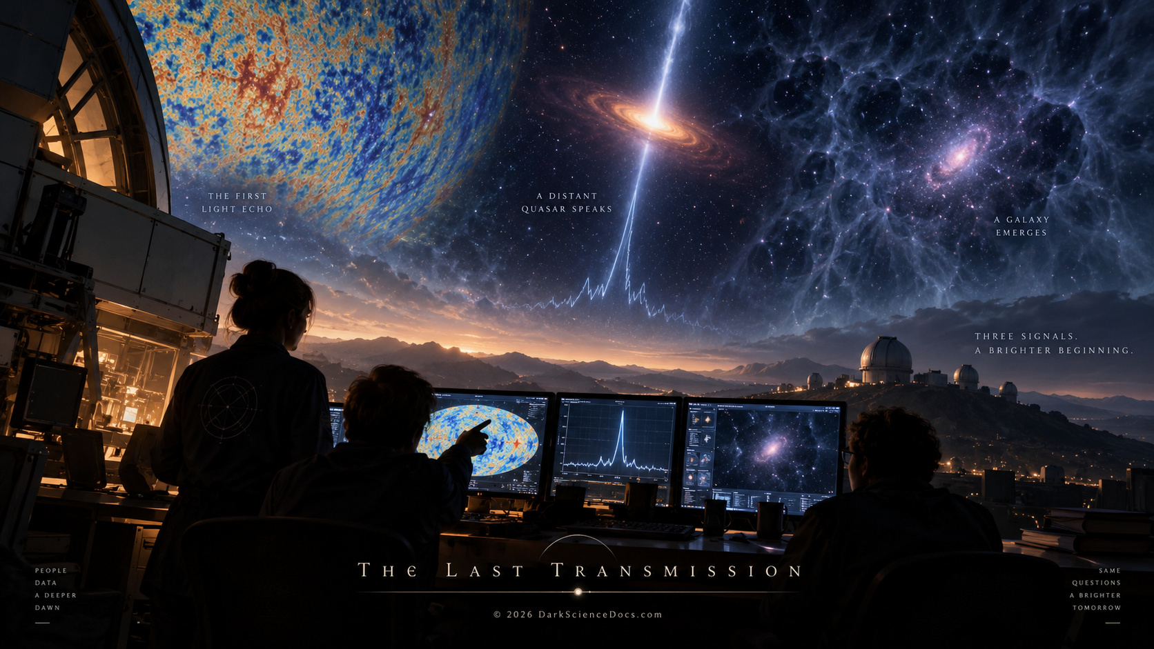 Artist’s interpretation of astronomers reconstructing cosmic dawn from three surviving clues: relic microwave radiation, distant quasar spectra, and faint early galaxies emerging through primordial hydrogen.