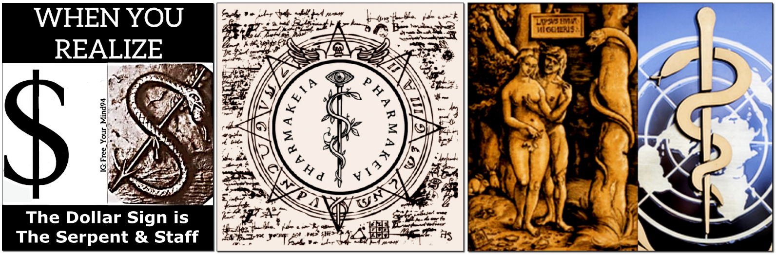 Dollar Sign: Rod of Asclepius, symbol of the root of all evil, pharmakeia, and the devil wrapped around the Tree of Knowledge imposing himself on eve, and then the World as shown in the WHO logo.