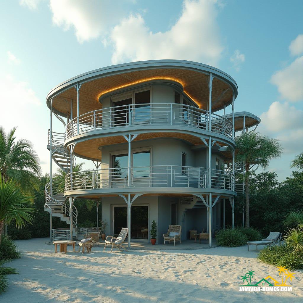 A majestic 4-storey steel frame round beach home in Jamaica, Caribbean, with protruding balconies, bathed in warm cinematic lighting