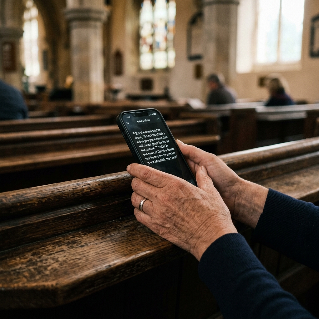 A person's hands holding a smartphone displaying highlighted text in a dimly lit church pew.