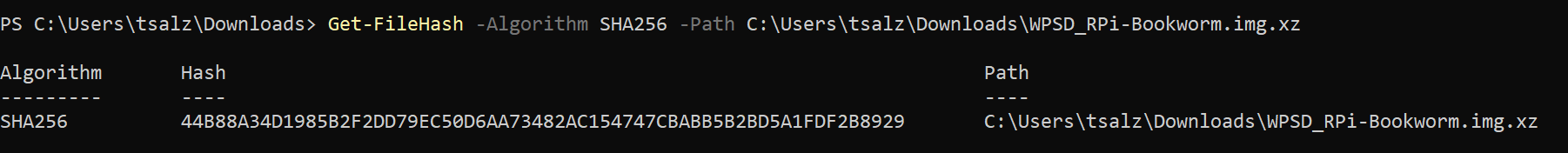 Running Get-FileHash and the hash that was returned