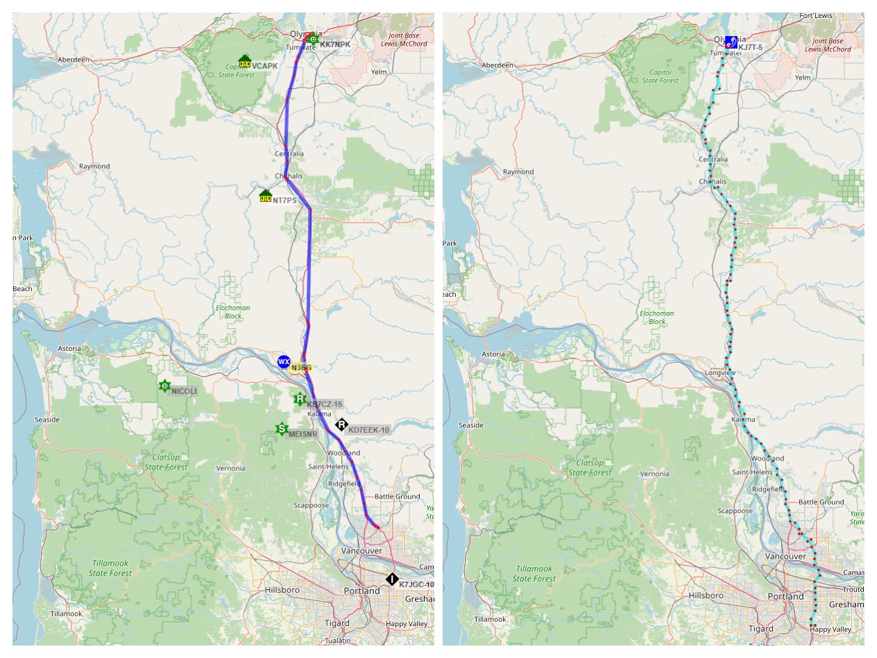 Simultaneous APRS tracks: RF (left) and APRSdroid (right)