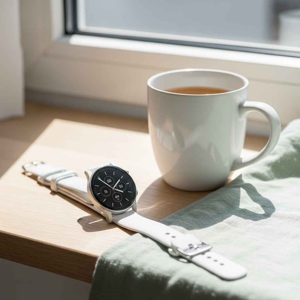Bright photograph of a modern smartwatch lying on a light wood surface beside a white ceramic mug of herbal tea, sunlit from a nearby window, soft sage linen underneath, clean and minimal