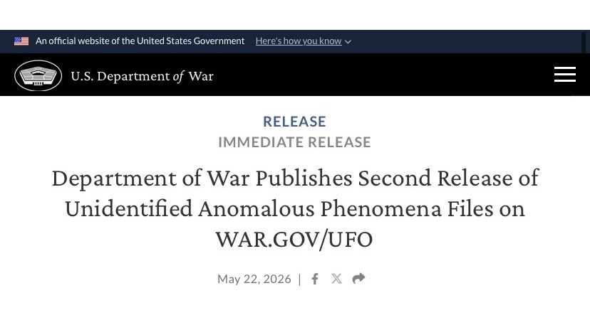 U.S. government UFO files: "RELEASE: IMMEDIATE RELEASE: Department of War Publishes Second Release of Unidentified Anomalous Phenomena Files on WAR.GOV/UFO"