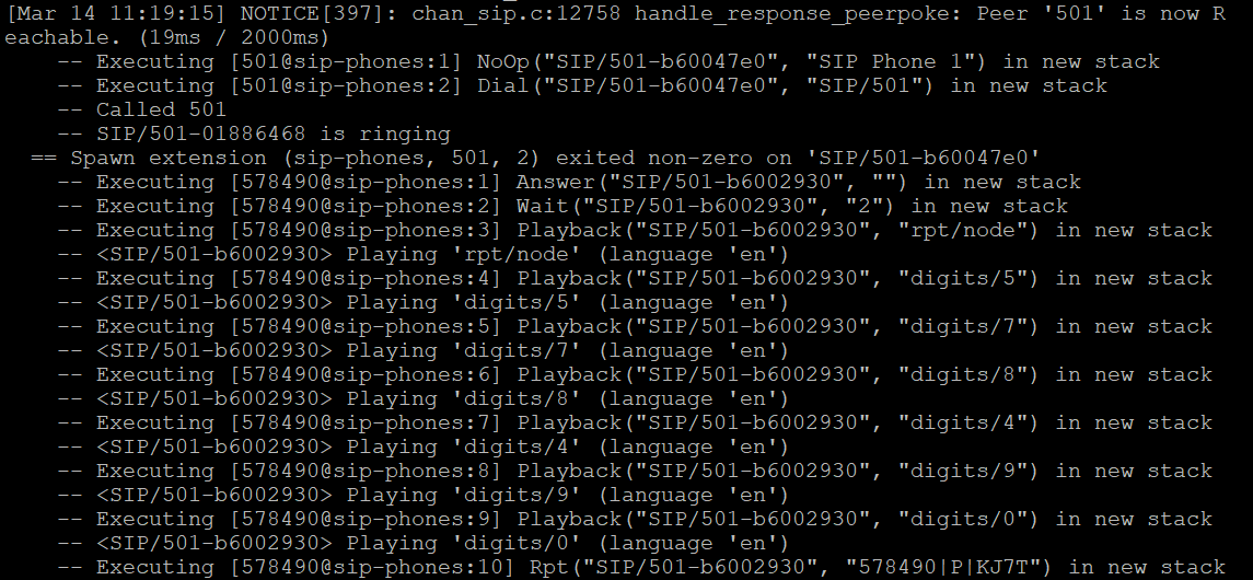 Successful connection showed in the Asterisk CLI