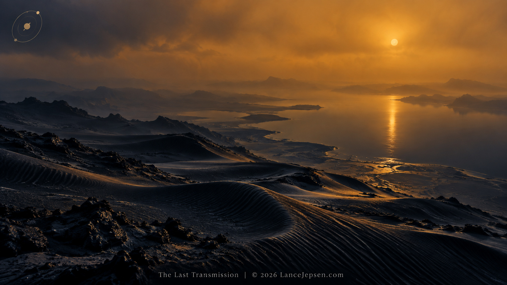 Imagined Titan dunes and liquid-filled terrain beneath orange atmospheric haze
