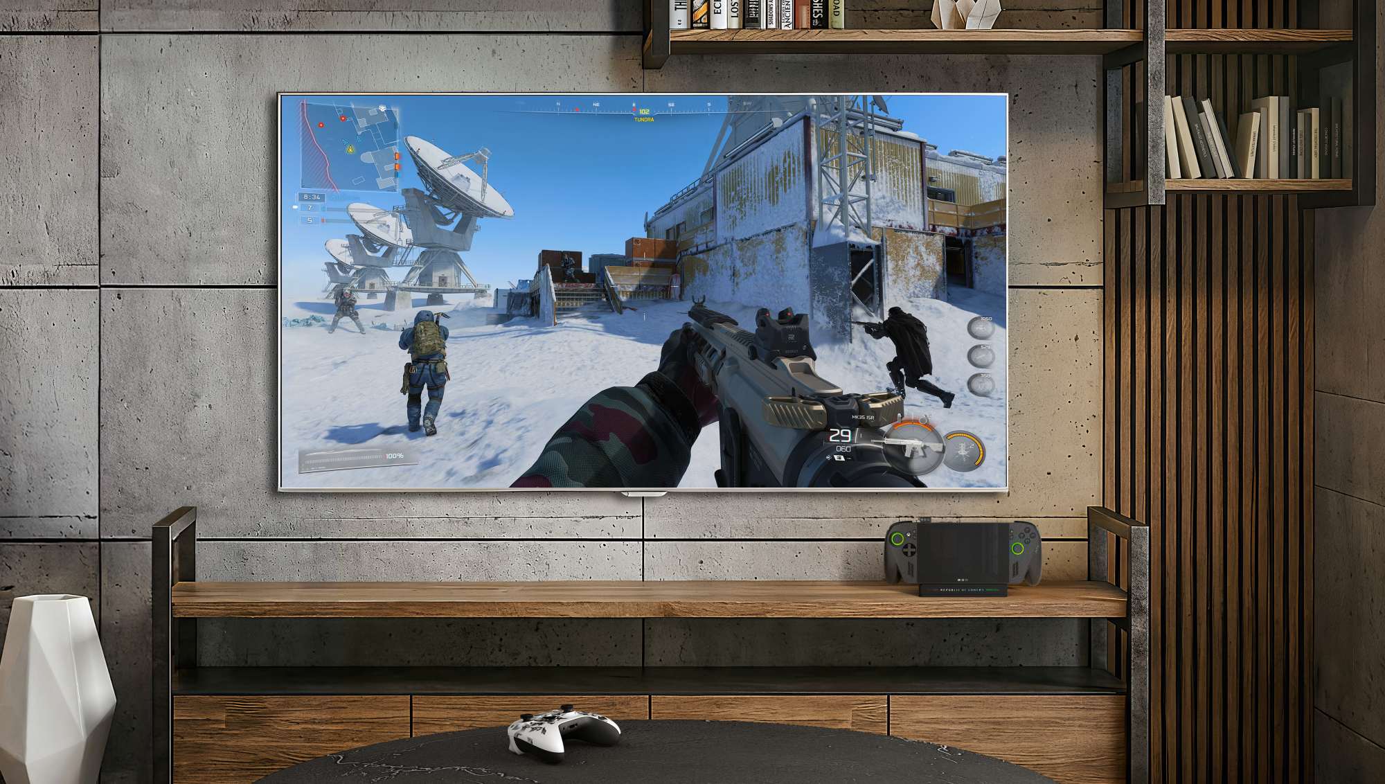ROG Xbox Ally X docked to a TV with a game running on the big screen