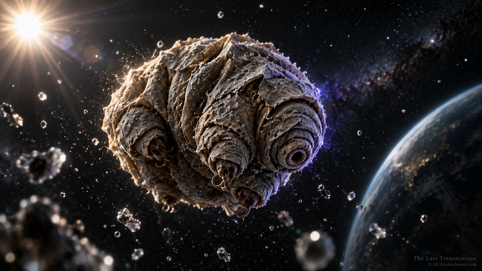 Conceptual dehydrated tardigrade exposed to a harsh space environment