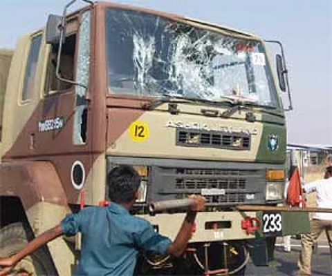 An Indian Army truck with a shattered windscreen after the Neelambur blockade.