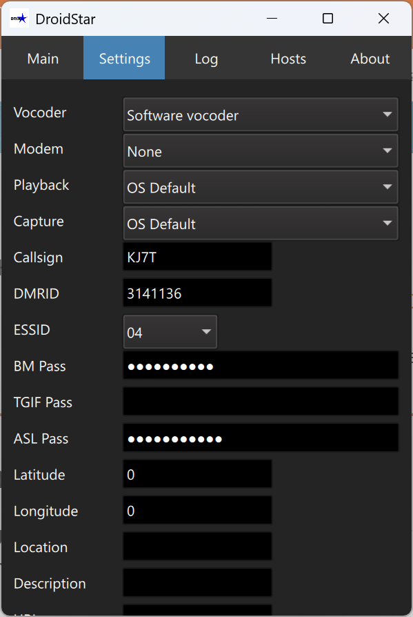 DroidStar settings screen (top)