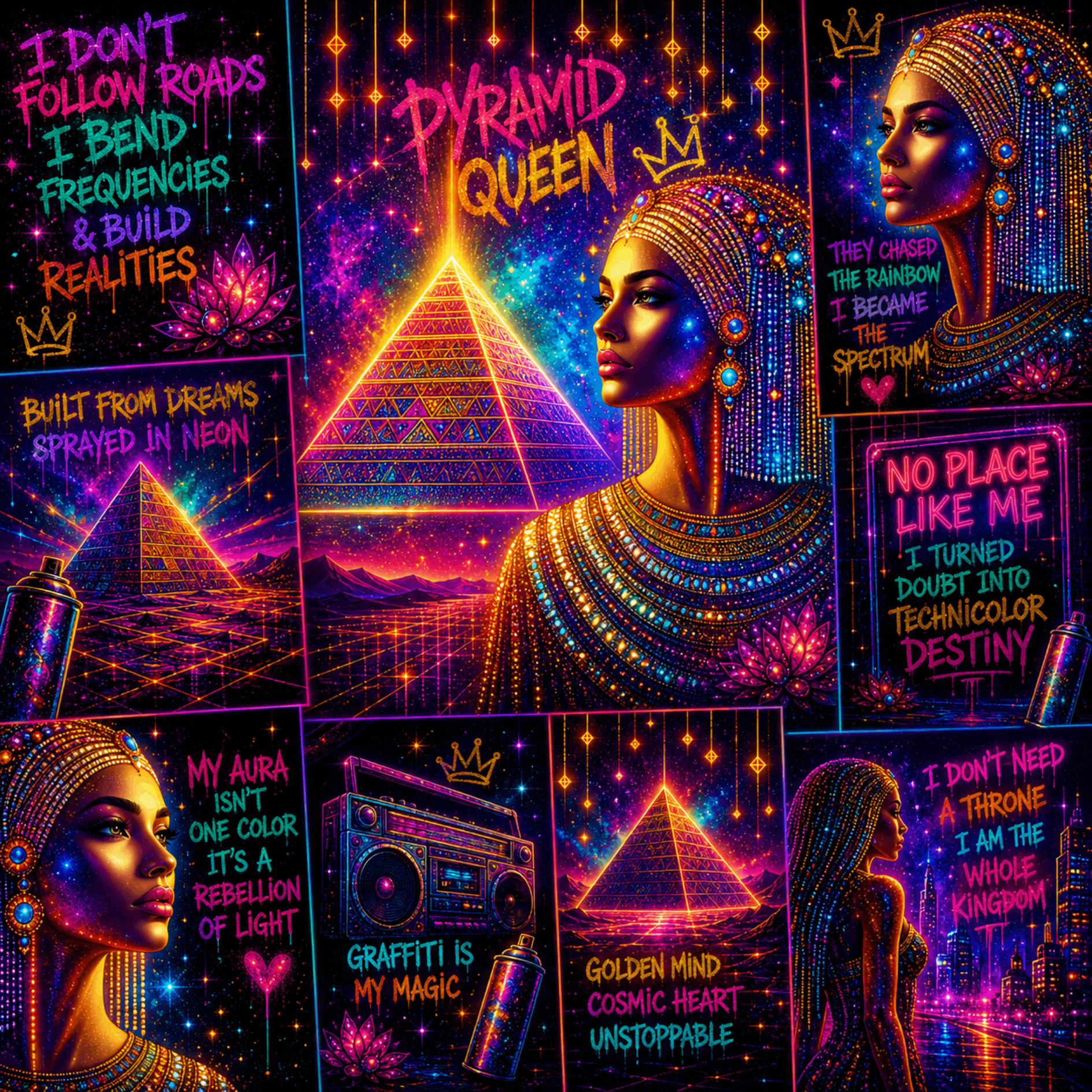 Pyramid Queen neon collage