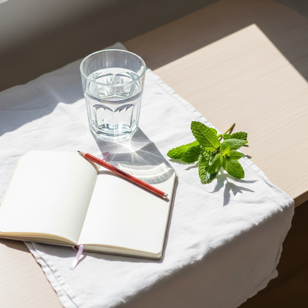 Bright photograph of a sunlit school desk with a glass of water, a small notebook open to a blank page, and a fresh sprig of mint on a white linen cloth, bright natural daylight, light wood surface