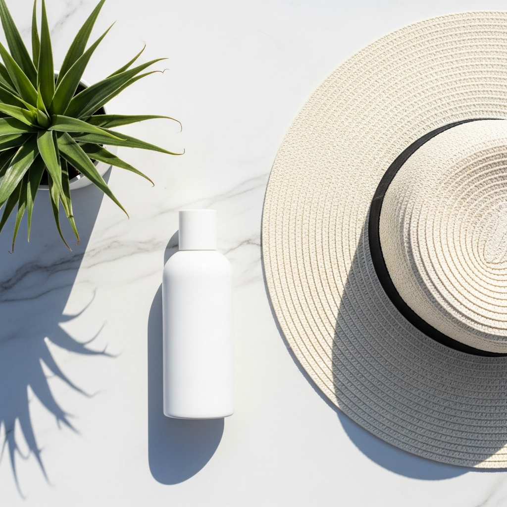 Overhead flat lay of a white ceramic sunscreen bottle, a wide-brimmed straw hat, and a small green plant on a bright white marble surface in natural daylight