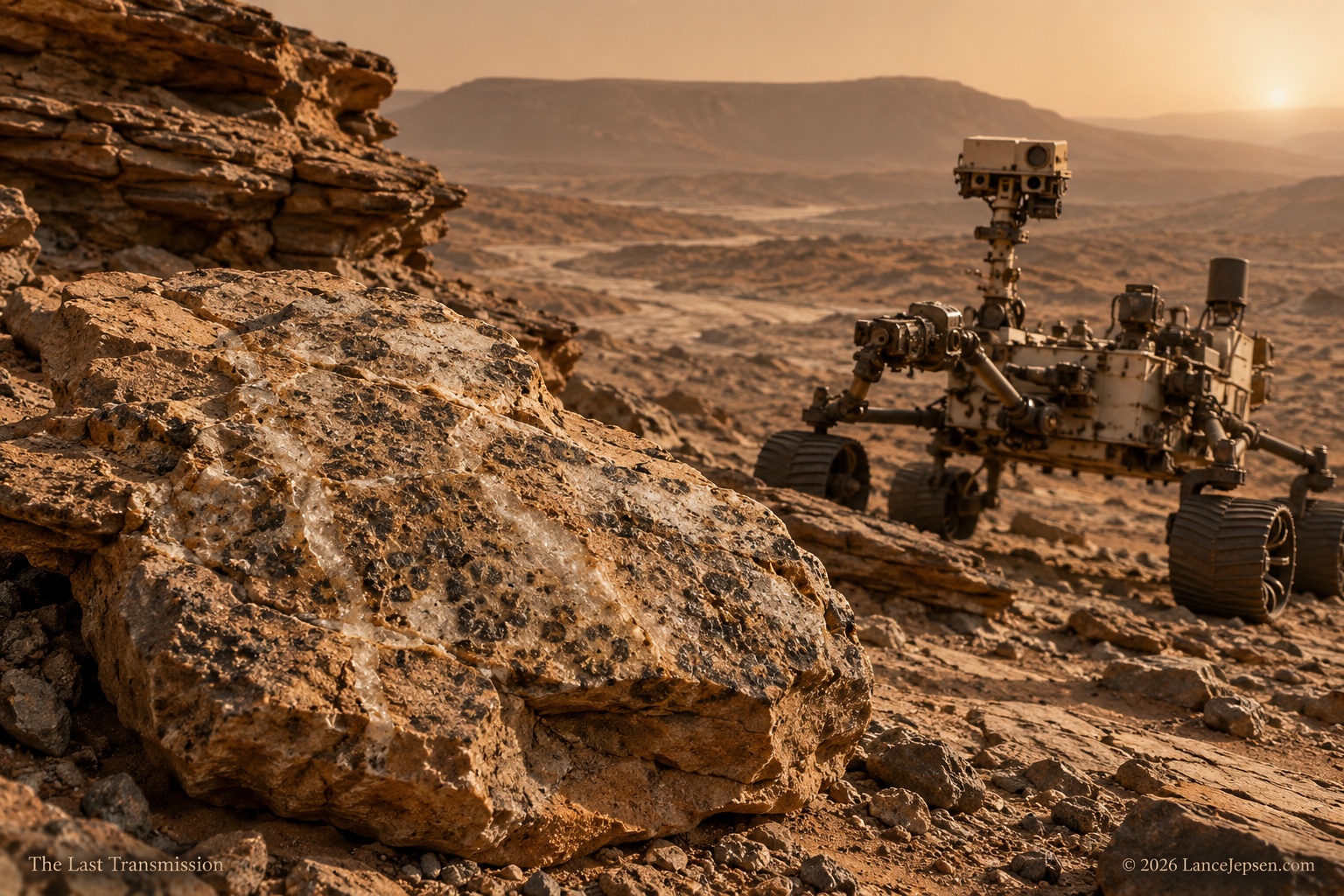 AI illustration of a Martian rover studying layered rock and possible organic chemistry