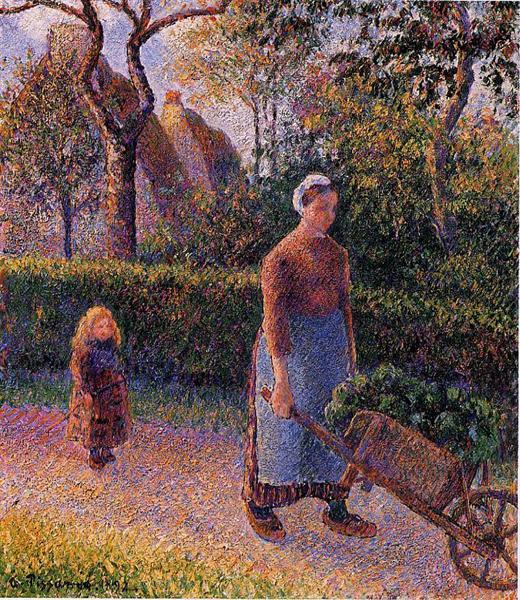 Painting of a woman pushing a wheelbarrow along a tree-lined garden path