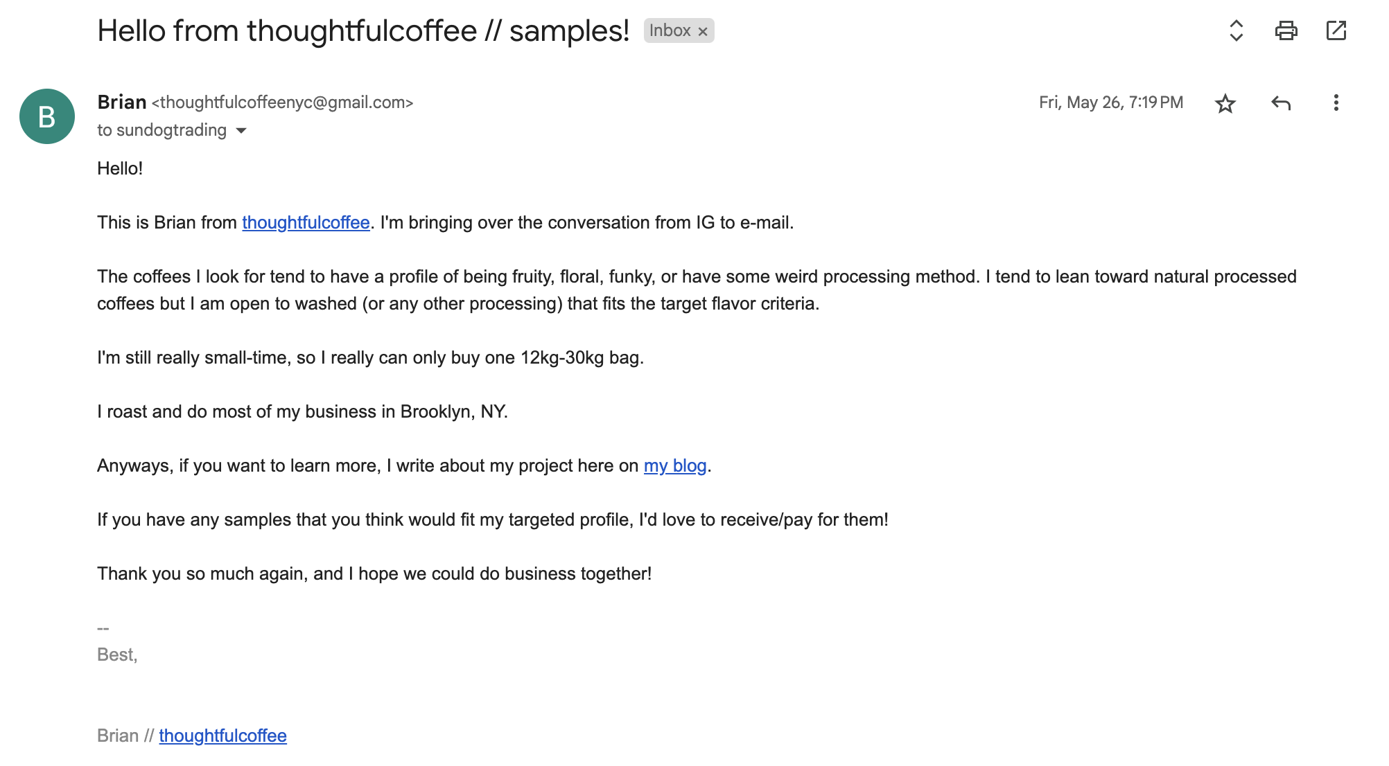 Intro email to Sundog Trading