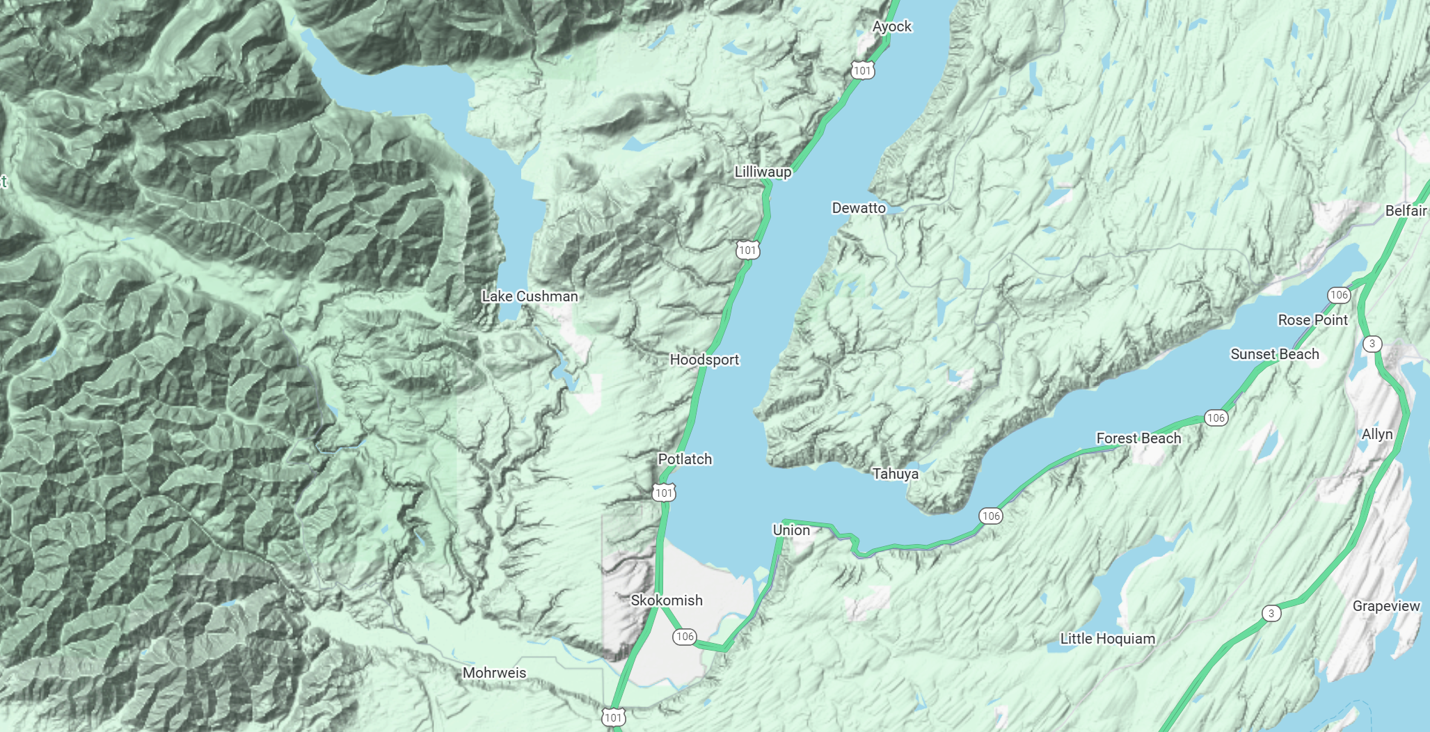 Glacial features bend or curve around to the east of the Olympic Mountains
