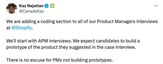 Post do COO do Shopify sobre código virar etapa do processo seletivo de PMs.