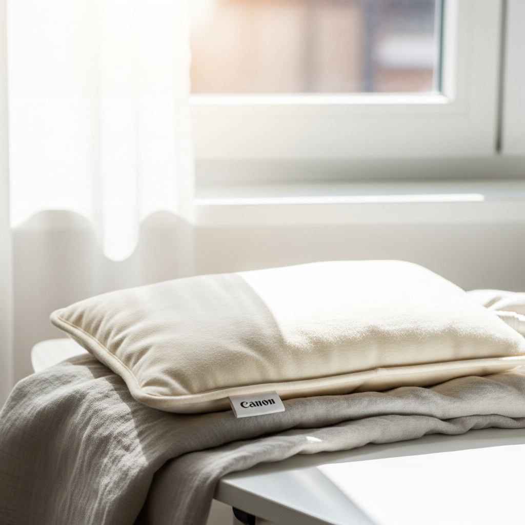 Bright photograph of a soft cream-coloured heating pad on a light linen blanket, sunlit from a nearby window, white background, no faces, no text