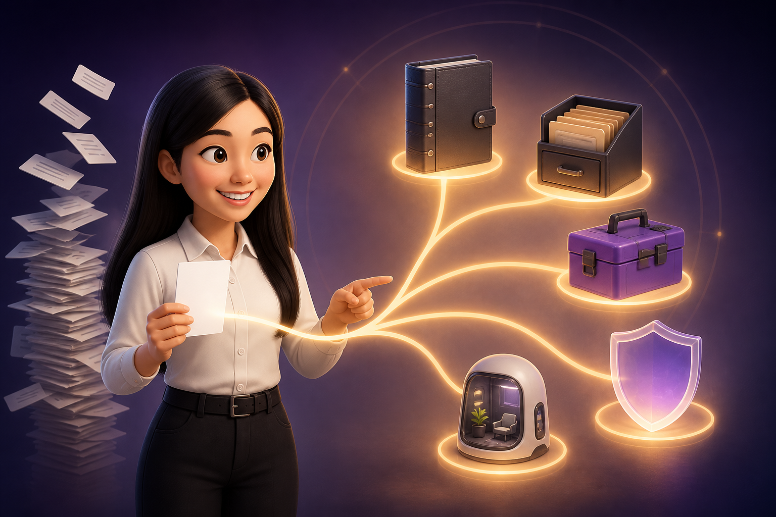 Pixar-style 3D illustration of Jenny Ouyang from Build to Launch holding one instruction card while five glowing paths lead to a binder, folder, toolbox, research pod, and shield, representing where Claude Code instructions should live.