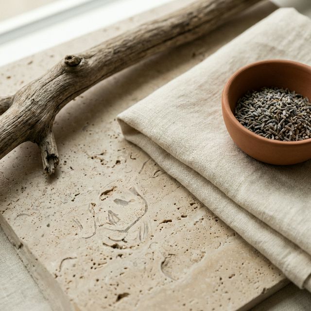 Close-up detail of honed travertine stone with fossil patterns, folded raw linen towel, weathered oak wood, and terra cotta bowl with dried lavender