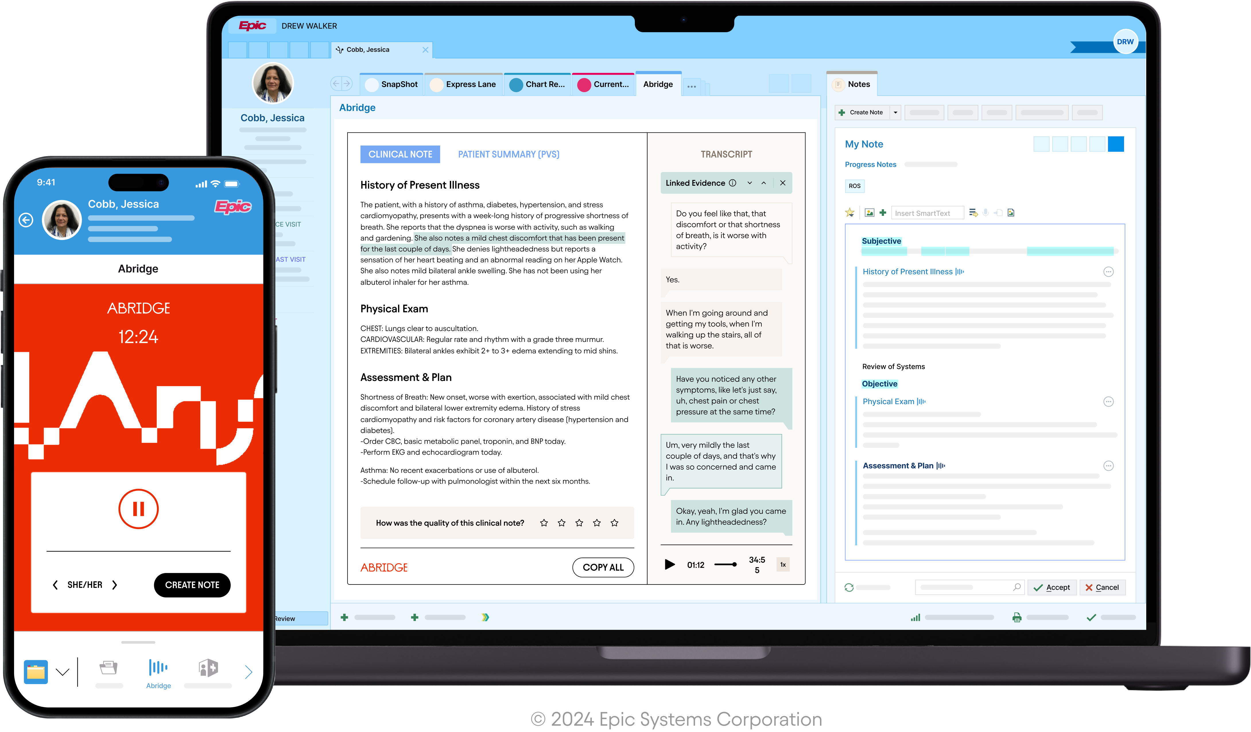 Screenshot showing Abridge's AI medical scribe integrated with Epic's clinical interface on phone and laptop, displaying patient notes and transcripts.